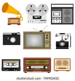 Retro technique. TV, gramophone, bobbin tape recorder, radio, telephone. Flat design, vector illustration, vector.
