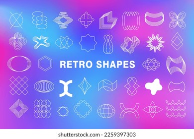 Retro techno abstract geometric shapes collection, Minimal line art design icons, simple figures. Trendy graphic elements set, vector illustration. Modern art decor basic signs. Vintage aesthetic