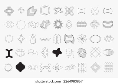 Retro techno abstract geometric shapes collection, Minimal line art design icons, simple figures. Trendy graphic elements set, vector illustration. Modern art decor basic signs. Vintage aesthetic