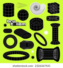 Retro techno abstract geometric shapes set in brytalism style. Minimal line art design simple figures. Trendy graphic grid elements vector illustration. Modern art decor basic signs. Vintage aesthetic