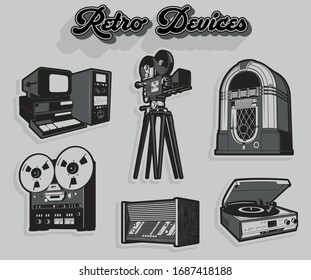 Retro Technologies Computer, Movie Camera, Jukebox, Reel Tape Recorder, Radio, Turntable, Monochrome Palette