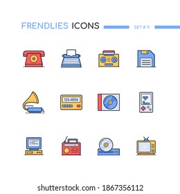 Retro technologies - modern line design style icons set. Vintage devices idea. Images of telephone, typewriter, cassette player, floppy disk, gramophone, pager, cd disk, tetris, old computer, radio