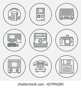 Retro Technology 1 Circle Round Icon Set. Line Design Vector Illustrations.