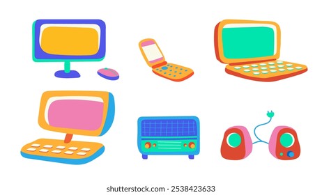 Retro technology 1960s art style illustration with vibrant color, isolated on white background. Vintage computer screen, flip phone, radio and speaker old tech