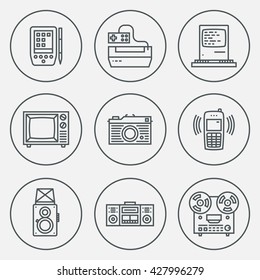 Retro Technology 2 Circle Round Icon Set. Line Design Vector Illustrations.