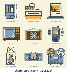Retro Technology 2 Retro Icon Set. Line Design Vector Illustrations.
