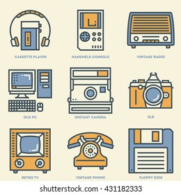 Retro Technology 2 Retro Icon Set. Line Design Vector Illustrations.