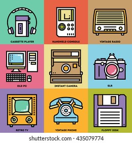 Retro Technology 2 Retro Icon Set. Line Design Vector Illustrations.