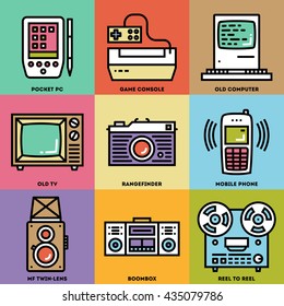 Retro Technology 2 Retro Icon Set. Line Design Vector Illustrations.