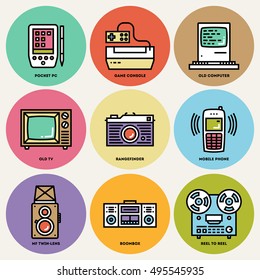 Retro Technology 2 Round Icon Set. Line Design Vector Illustrations.