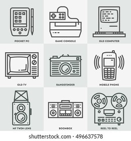 Retro Technology 2 Round Icon Set. Line Design Vector Illustrations.