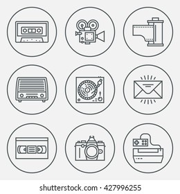 Retro Technology 3 Circle Round Icon Set. Line Design Vector Illustrations.