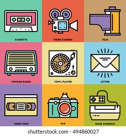 Retro Technology 3 Color Icon Set. Line Design Vector Illustrations.