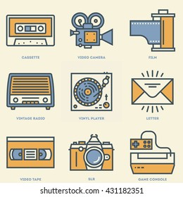 Retro Technology 3 Retro Icon Set. Line Design Vector Illustrations.