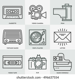 Retro Technology 3 Icon Set. Line Design Vector Illustrations.