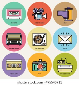 Retro Technology 3 Round Icon Set. Line Design Vector Illustrations.