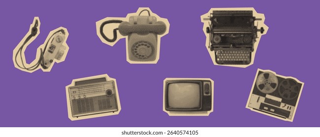 Retro Technology Collage on Purple Background