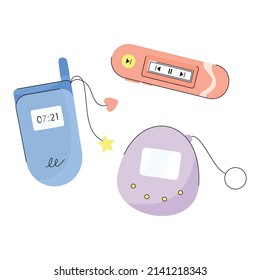 Sammlung von Retro-Technologien. 
Gadgets aus den 2000ern. Flip-Telefon, MP3-Player, Spiel consol. Farbige Vektorgrafik im Cartoon-Stil.