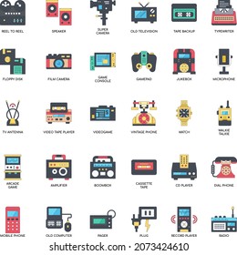 Retro Technology  color collection flat vector icon set