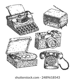 retro technology devices set hand drawn. video toy, digital joy, control gamer retro technology devices vector sketch. isolated black illustration