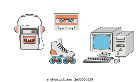 Retro technology and entertainment gadgets from a bygone era featuring a portable music player cassette tape roller skates and a personal computer setup
