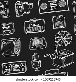 Retro technology Hand drawn doodle seamless pattern Symbol collection.