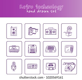 Retro technology Hand drawn doodle set. Vector illustration. Isolated elements on white background. Symbol collection.