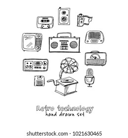 Retro technology Hand drawn doodle set. Vector illustration. Isolated elements on white background. Symbol collection.