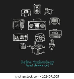 Retro technology Hand drawn doodle set. Vector illustration. Isolated elements on black background. Symbol collection.