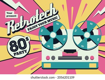 Retro technology horizontal poster with pop art style image of vintage reel tape player and text vector illustration