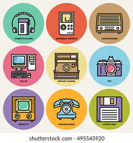 Retro Technology Icon Set. Line Design Vector Illustrations.