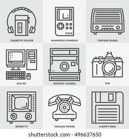 Retro Technology Icon Set. Line Design Vector Illustrations.