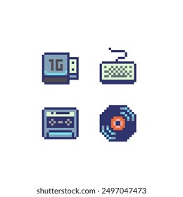 Retro technology pixel art icons set, emoji, USB flash drive, cd disk,  keyboard, 8-bit. Design for logo game, sticker, web, mobile app. Isolated abstract vector illustration.