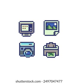 Iconos del arte del pixel de la tecnología retro fijados, emoji, impresora, cámara, monitor, 8-bit. Diseño para el juego del logotipo, etiqueta engomada, Web, App móvil. Ilustración vectorial abstracta aislada.