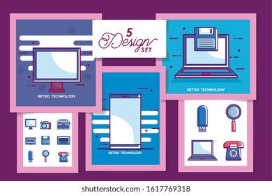 Retro technology set design, Digital communication social media internet web and device theme Vector illustration