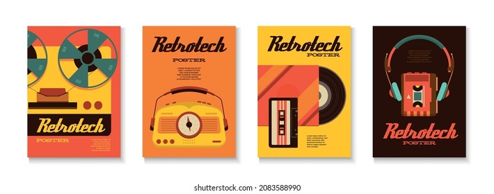Retro technology set of four vertical posters with ornate text images of cassettes vinyl and tape vector illustration