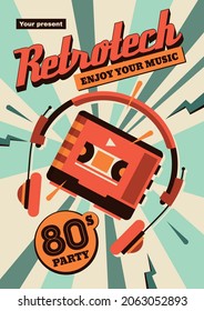 Retro technology vertical poster with colored images of cassette and headphones with vintage 80s ornate text vector illustration