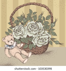 Retro teddy bear and basket with flowers