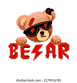 Juguete retro Teddy Bear con gafas de sol y señal de trueno para diseño de camisetas de diseño de vectores ilustración y lema "BEAR". El concepto de música rock o heavy metal.