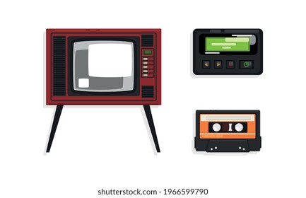 Retro Telecommunication Technologies Set, Audio Music Cassette Tape, TV in Wooden Case, Pager Cartoon Vector Illustration
