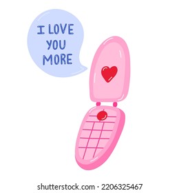 Retro telephone clipart with message bubble with lettering I love you more. Valentine's day concept. Prefect for sticker, social media, posters, greeting card. Hand drawn isolated vector illustration