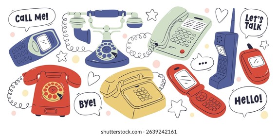 Retro telephone collection of different models and funny communication message speech bubbles. Antique rotary speaker, vintage receiver with wired tube, first mobile phone vector illustration