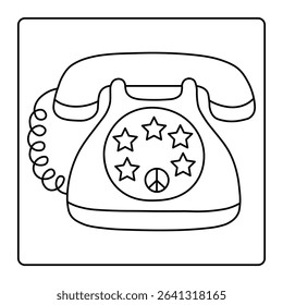 Retro Telephone Coloring Page with Stars and Peace Sign – Fun Vintage Line Art for Kids