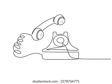 Retro telephone continuous one line art drawing. Vector illustration isolated on white background. Minimalist design handdrawn.