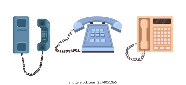 Retro telephone device for communication and talking. Vector flat cartoon style, isolated push buttons phone with cords and wires, keyboard for dialing number of caller, small screen and speaker