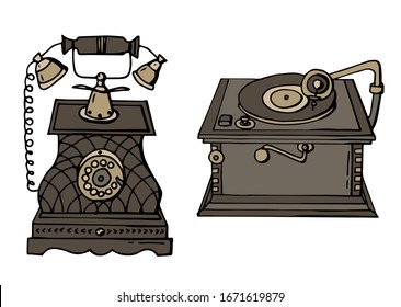 Retro telephone and gramophone of 1920. Art Deco. Cartoon style illustration. Stock illustration. white background, isolation.