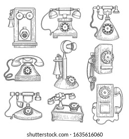 Retro telephone. Old ancient technology gadgets vector hand drawn communication objects