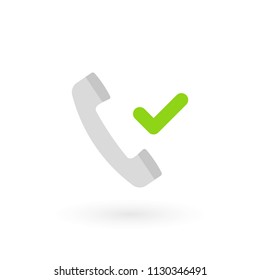 Retro telephone receiver icon isolated. Handset symbol. Check mark, green tick sign. Vector illustration, flat design
