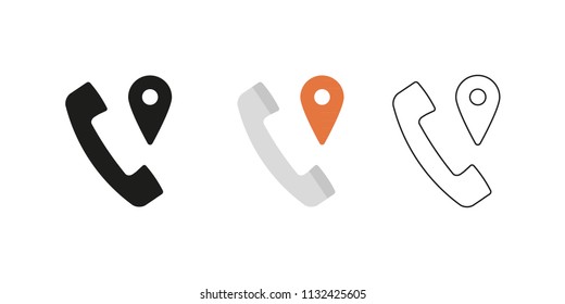 Retro telephone receiver. Three different styles: black, color and outline. Handset symbol. Location sign. Vector illustration, flat design