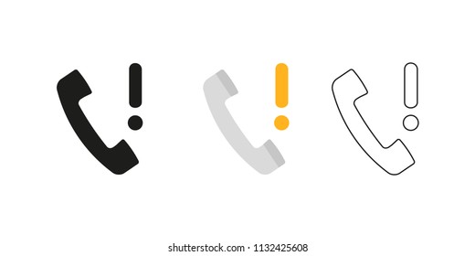 Retro telephone receiver. Three different styles: black, color and outline. Handset symbol. Exclamation sign. Vector illustration, flat design